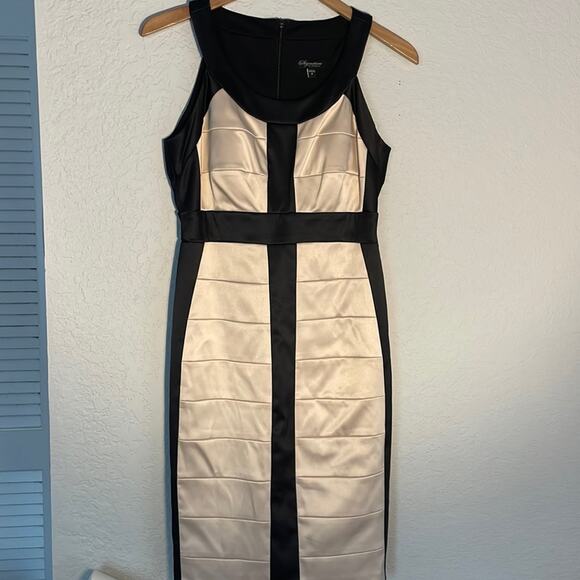 Shimmer Gold Tan Satin Halter Dress Black Trim Date Night Glam Party Y2K Size 6 - Picture 1 of 7